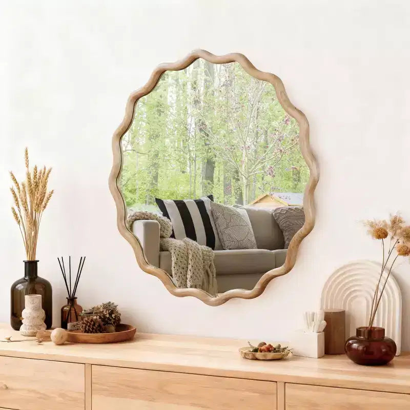 PexFix Specchio decorativo da parete moderno rustico, con cornice rotonda ondulata in legno massiccio, da 30", per camera da letto, bagno, soggiorno, ingresso, legno naturale
