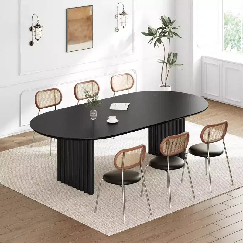 PexFix 79 Tavolo da pranzo ovale per 6-8 persone, tavolo da cucina in legno con piano antigraffio e gambe a righe, stile moderno rustico per soggiorno e cucina, nero