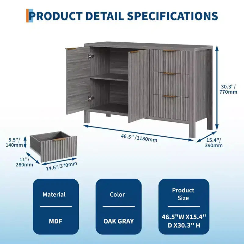 Mobile contenitore grande a scanalature da 47 pollici, credenza a buffet, mobile bar, credenza in legno con 3 cassetti per cucina, soggiorno, ingresso