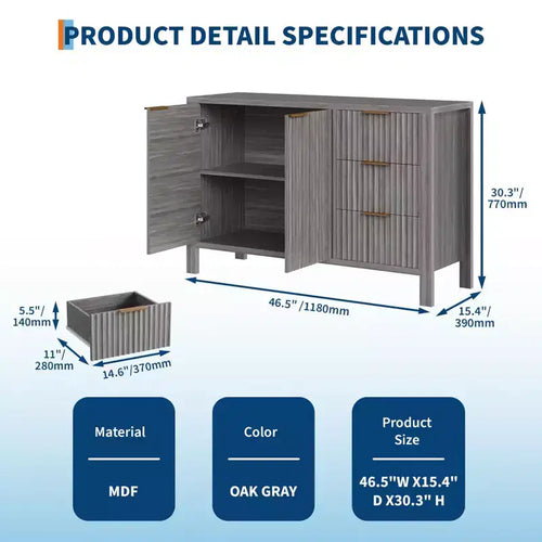 Mobile contenitore grande a scanalature da 47 pollici, credenza a buffet, mobile bar, credenza in legno con 3 cassetti per cucina, soggiorno, ingresso