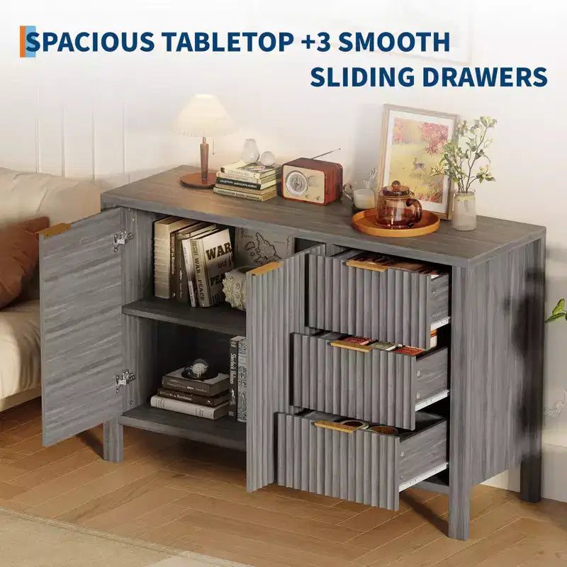 Mobile contenitore grande a scanalature da 47 pollici, credenza a buffet, mobile bar, credenza in legno con 3 cassetti per cucina, soggiorno, ingresso
