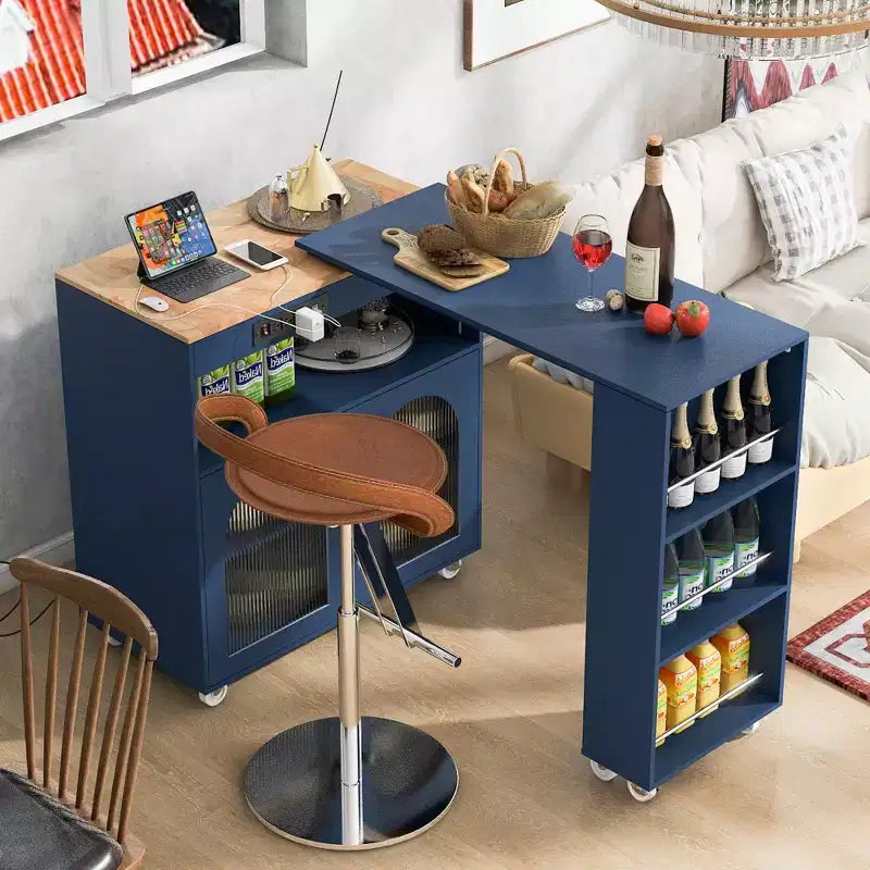 Isola Cucina con Ruote Okak, 2 Ante in Vetro, Carrello Cucina con Tavolo Estensibile e Prese Elettriche, Isola Cucina con Scaffali Laterali Aperti