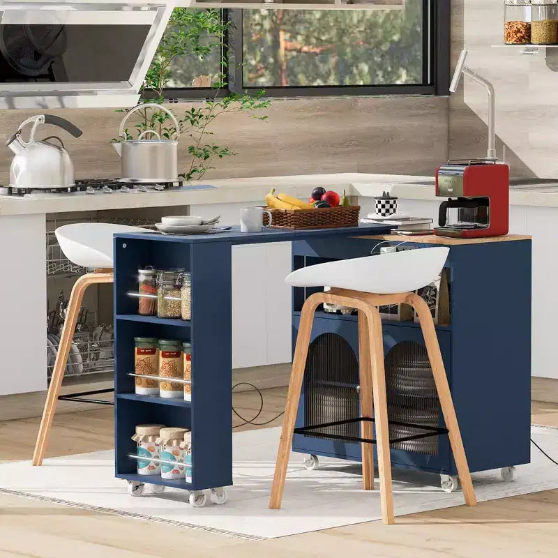 Isola Cucina con Ruote Okak, 2 Ante in Vetro, Carrello Cucina con Tavolo Estensibile e Prese Elettriche, Isola Cucina con Scaffali Laterali Aperti