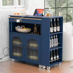 Isola Cucina con Ruote Okak, 2 Ante in Vetro, Carrello Cucina con Tavolo Estensibile e Prese Elettriche, Isola Cucina con Scaffali Laterali Aperti