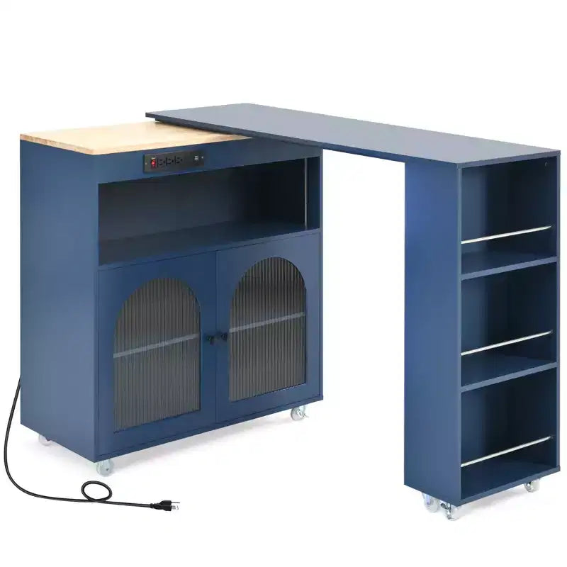 Isola Cucina con Ruote Okak, 2 Ante in Vetro, Carrello Cucina con Tavolo Estensibile e Prese Elettriche, Isola Cucina con Scaffali Laterali Aperti