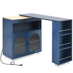 Isola Cucina con Ruote Okak, 2 Ante in Vetro, Carrello Cucina con Tavolo Estensibile e Prese Elettriche, Isola Cucina con Scaffali Laterali Aperti