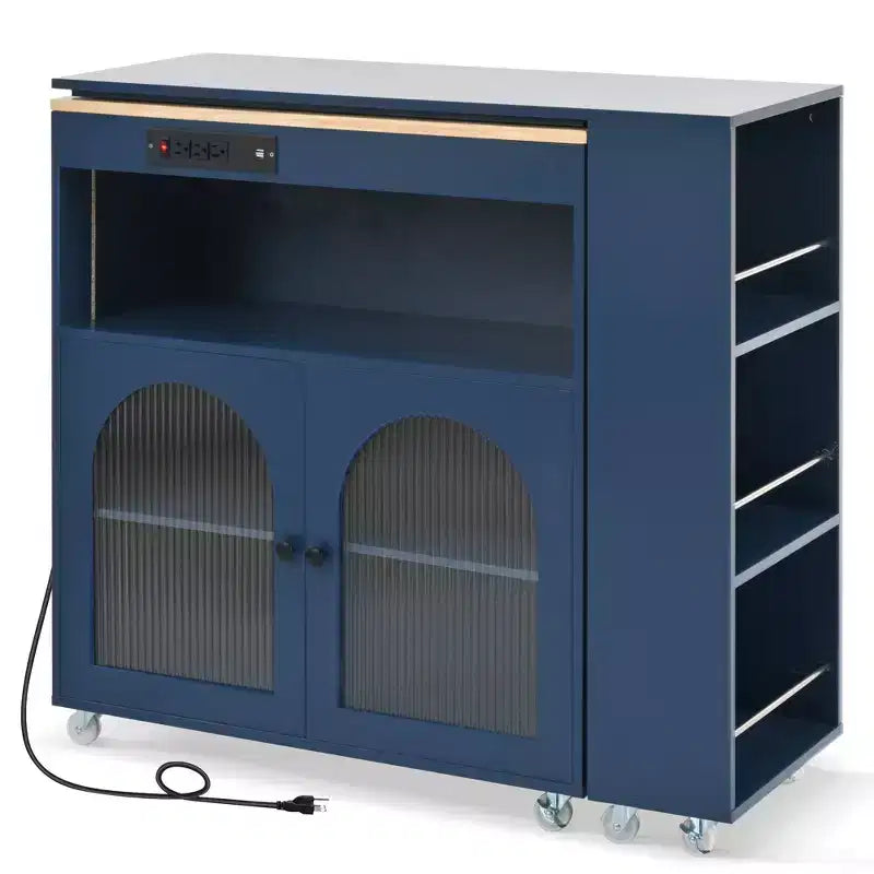 Isola Cucina con Ruote Okak, 2 Ante in Vetro, Carrello Cucina con Tavolo Estensibile e Prese Elettriche, Isola Cucina con Scaffali Laterali Aperti