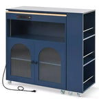 Isola Cucina con Ruote Okak, 2 Ante in Vetro, Carrello Cucina con Tavolo Estensibile e Prese Elettriche, Isola Cucina con Scaffali Laterali Aperti