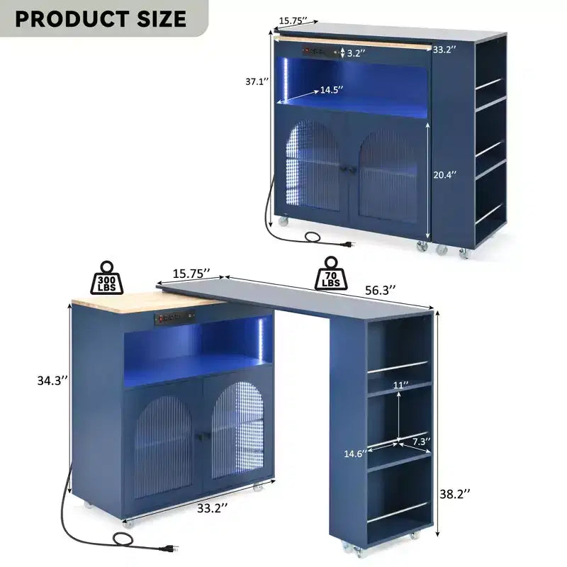Isola Cucina con Ruote Okak, 2 Ante in Vetro, Carrello Cucina con Tavolo Estensibile e Prese Elettriche, Isola Cucina con Scaffali Laterali Aperti