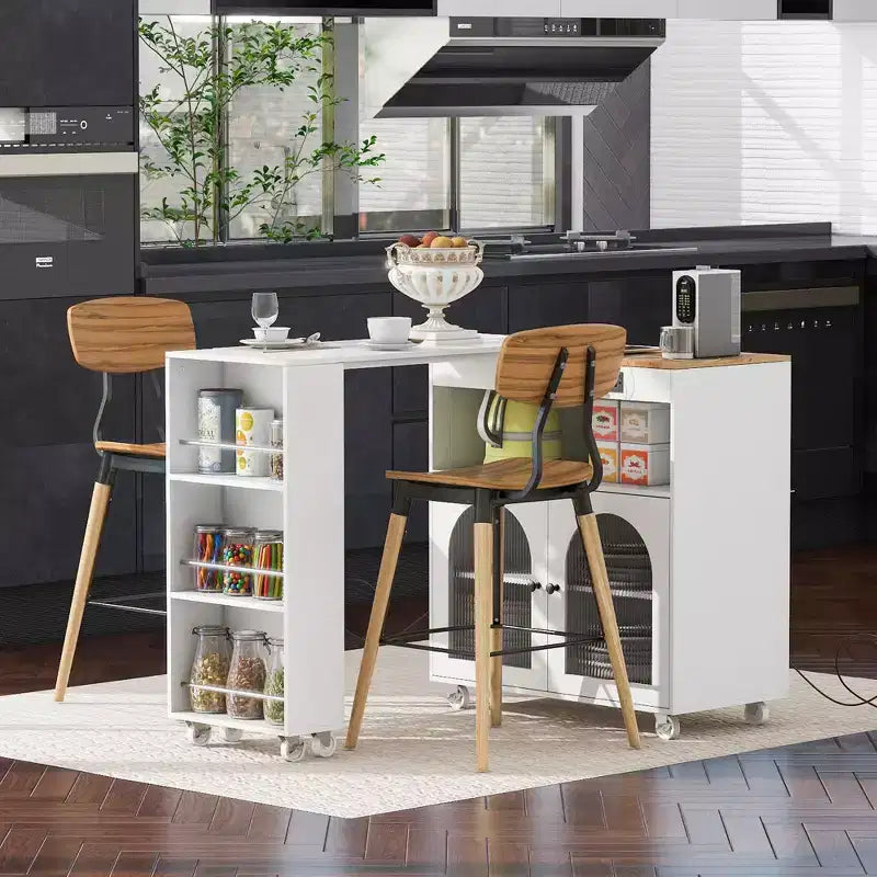 Isola Cucina con Ruote Okak, 2 Ante in Vetro, Carrello Cucina con Tavolo Estensibile e Prese Elettriche, Isola Cucina con Scaffali Laterali Aperti