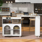 Isola Cucina con Ruote Okak, 2 Ante in Vetro, Carrello Cucina con Tavolo Estensibile e Prese Elettriche, Isola Cucina con Scaffali Laterali Aperti