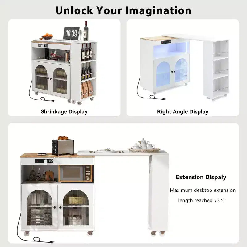 Isola Cucina con Ruote Okak, 2 Ante in Vetro, Carrello Cucina con Tavolo Estensibile e Prese Elettriche, Isola Cucina con Scaffali Laterali Aperti