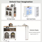 Isola Cucina con Ruote Okak, 2 Ante in Vetro, Carrello Cucina con Tavolo Estensibile e Prese Elettriche, Isola Cucina con Scaffali Laterali Aperti