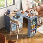 Isola Cucina con Ruote Okak, 2 Ante in Vetro, Carrello Cucina con Tavolo Estensibile e Prese Elettriche, Isola Cucina con Scaffali Laterali Aperti