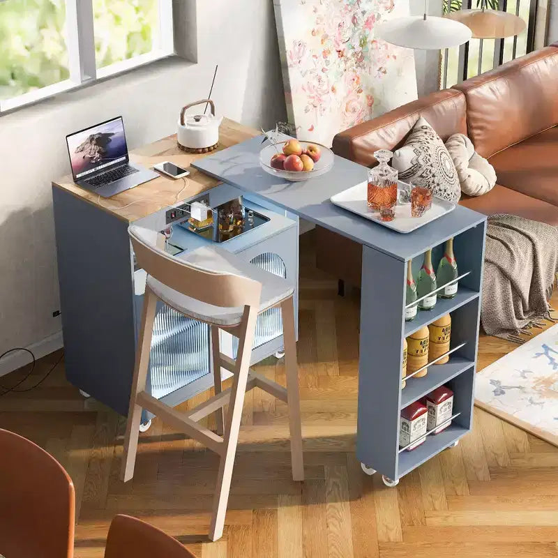 Isola Cucina con Ruote Okak, 2 Ante in Vetro, Carrello Cucina con Tavolo Estensibile e Prese Elettriche, Isola Cucina con Scaffali Laterali Aperti