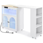 Isola Cucina con Ruote Okak, 2 Ante in Vetro, Carrello Cucina con Tavolo Estensibile e Prese Elettriche, Isola Cucina con Scaffali Laterali Aperti
