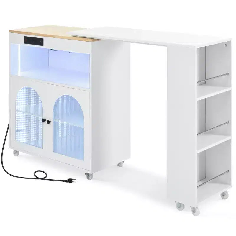 Isola Cucina con Ruote Okak, 2 Ante in Vetro, Carrello Cucina con Tavolo Estensibile e Prese Elettriche, Isola Cucina con Scaffali Laterali Aperti