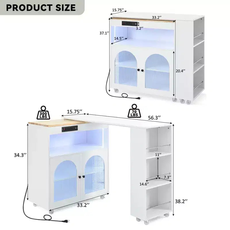Isola Cucina con Ruote Okak, 2 Ante in Vetro, Carrello Cucina con Tavolo Estensibile e Prese Elettriche, Isola Cucina con Scaffali Laterali Aperti