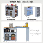 Isola Cucina con Ruote Okak, 2 Ante in Vetro, Carrello Cucina con Tavolo Estensibile e Prese Elettriche, Isola Cucina con Scaffali Laterali Aperti