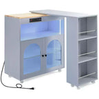 Isola Cucina con Ruote Okak, 2 Ante in Vetro, Carrello Cucina con Tavolo Estensibile e Prese Elettriche, Isola Cucina con Scaffali Laterali Aperti