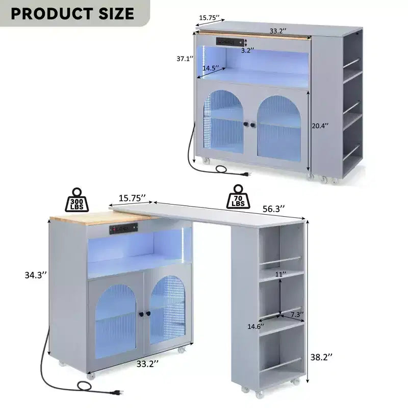 Isola Cucina con Ruote Okak, 2 Ante in Vetro, Carrello Cucina con Tavolo Estensibile e Prese Elettriche, Isola Cucina con Scaffali Laterali Aperti