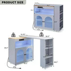 Isola Cucina con Ruote Okak, 2 Ante in Vetro, Carrello Cucina con Tavolo Estensibile e Prese Elettriche, Isola Cucina con Scaffali Laterali Aperti