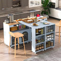 Isola Cucina con Ruote Okak, 2 Ante in Vetro, Carrello Cucina con Tavolo Estensibile e Prese Elettriche, Isola Cucina con Scaffali Laterali Aperti