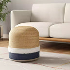 Pouf poggiapiedi cilindrico HomeRoots 18 a righe in misto iuta naturale e blu marino