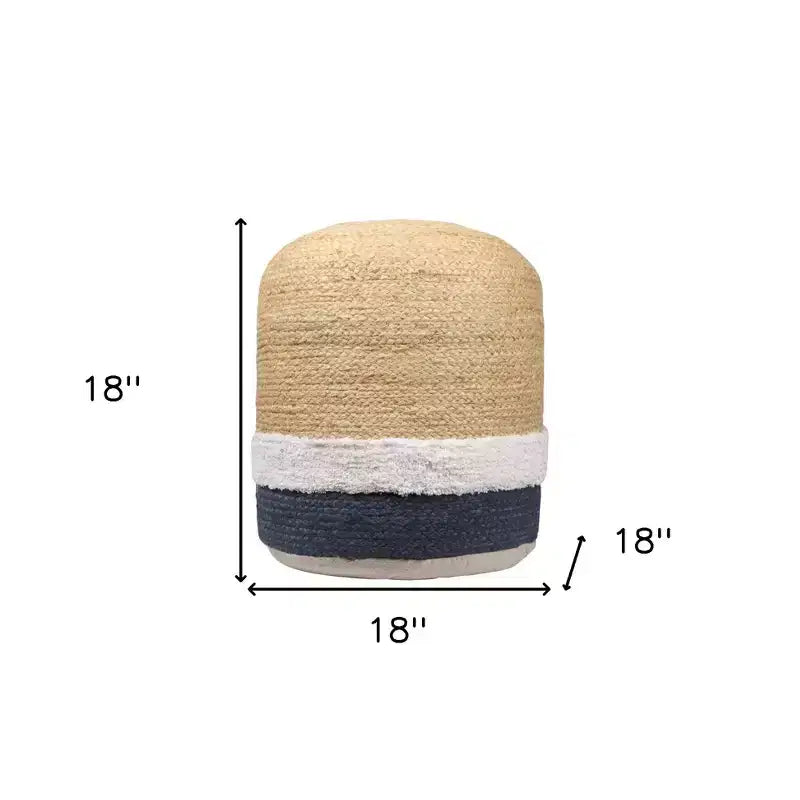 Pouf poggiapiedi cilindrico HomeRoots 18 a righe in misto iuta naturale e blu marino