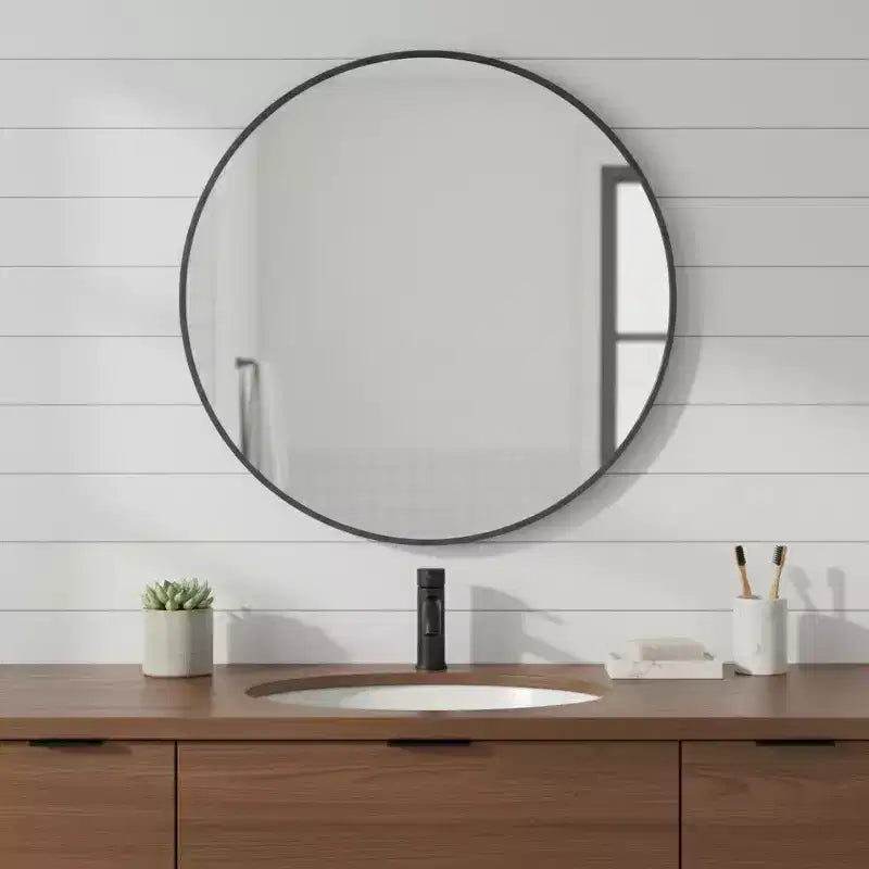 HomeRoots 24 Specchio da Bagno Rotondo con Cornice in Metallo Nero