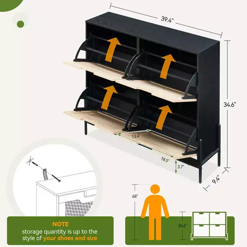 Scarpiera a quattro ante con tre ripiani regolabili, ideale per tacchi alti, stivali e ingressi eleganti: una soluzione perfetta per l'organizzazione del corridoio.