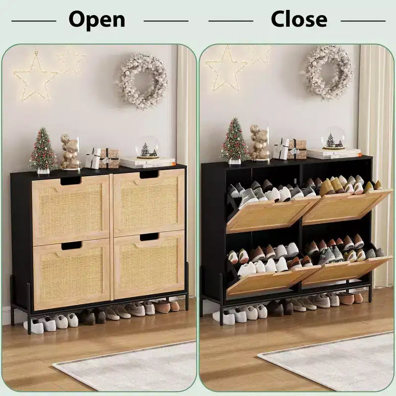 Scarpiera a quattro ante con tre ripiani regolabili, ideale per tacchi alti, stivali e ingressi eleganti: una soluzione perfetta per l'organizzazione del corridoio.
