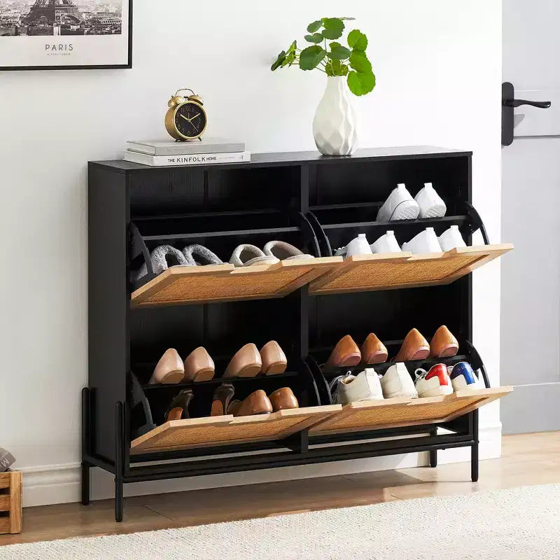 Four-door shoe cabinet with three adjustable shelves, ideal for high heels, boots, and stylish entrywaysa perfect hallway storage solution.