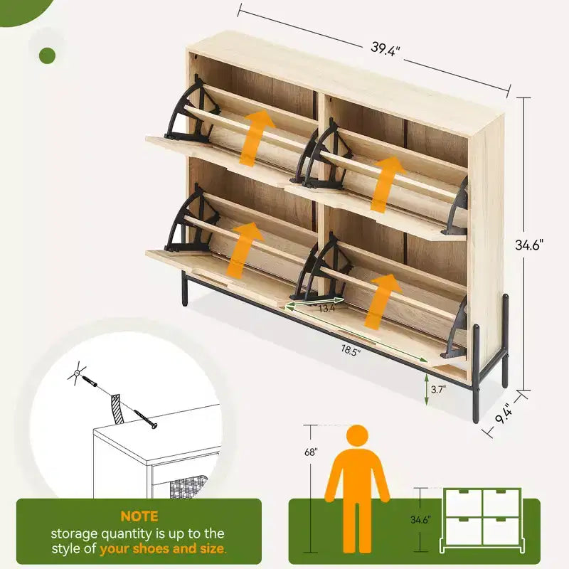 Scarpiera a quattro ante con tre ripiani regolabili, ideale per tacchi alti, stivali e ingressi eleganti: una soluzione perfetta per l'organizzazione del corridoio.