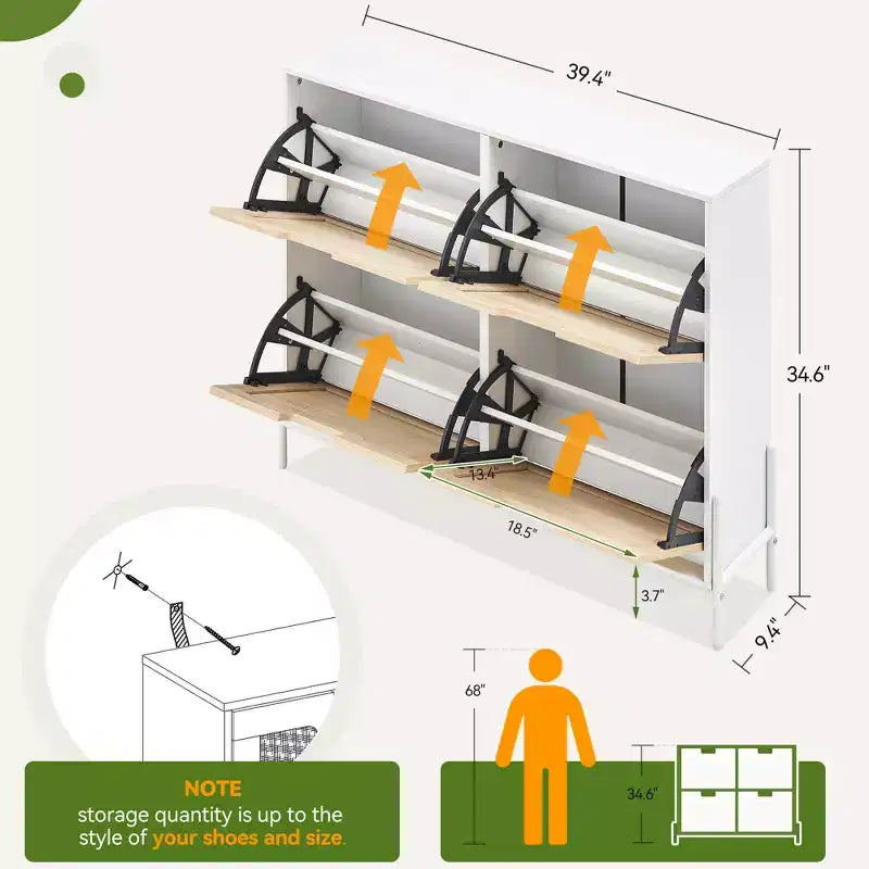 Scarpiera a quattro ante con tre ripiani regolabili, ideale per tacchi alti, stivali e ingressi eleganti: una soluzione perfetta per l'organizzazione del corridoio.