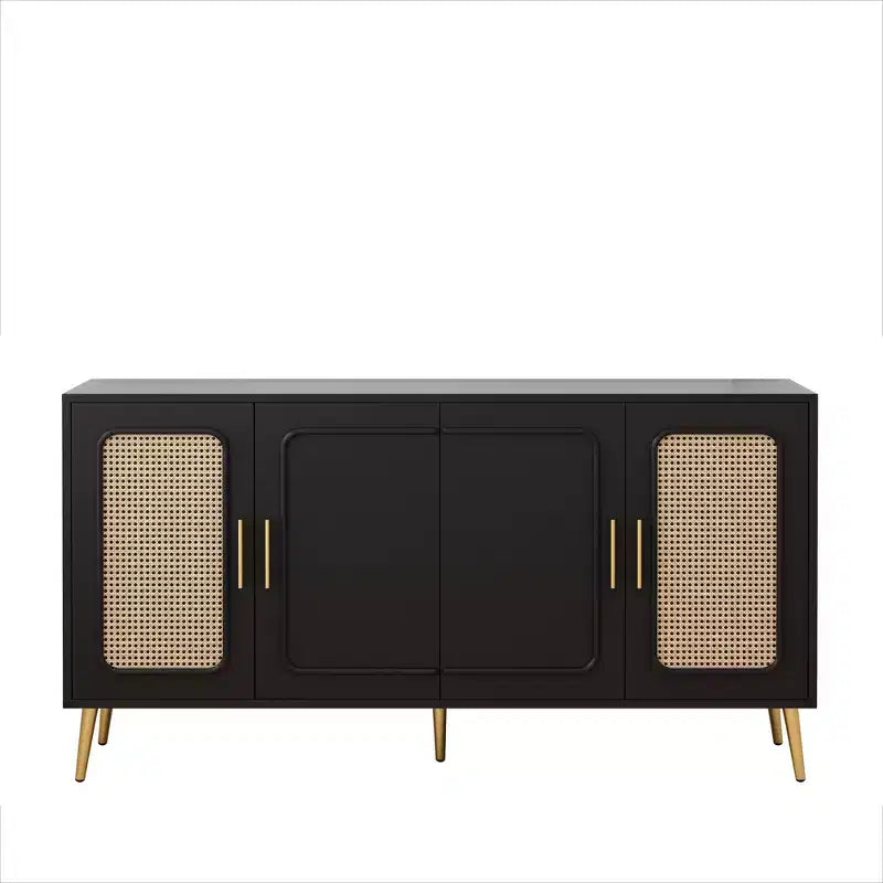Mobile retrò a 4 ante con rattan sintetico, elegante contenitore per soggiorno, sala da pranzo o camera da letto