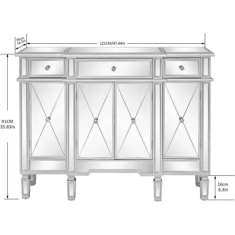 Consolle VINGLI a specchio, mobile buffet moderno/credenza/porta TV con 3 cassetti e 4 ante (argento, 122 L x 35,5 W x 91,5 H cm)