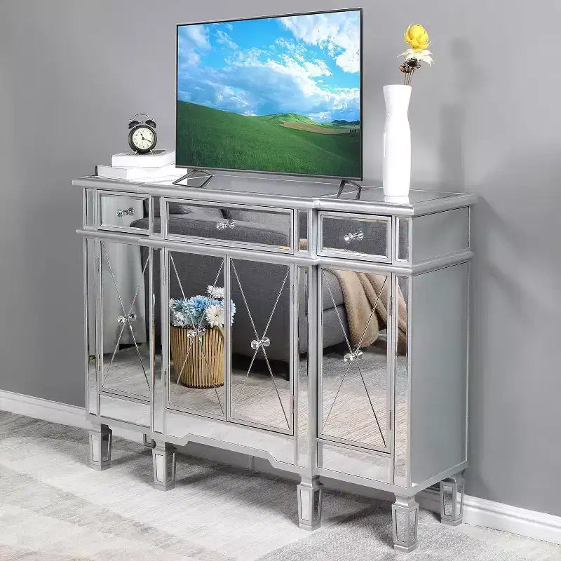 Consolle VINGLI a specchio, mobile buffet moderno/credenza/porta TV con 3 cassetti e 4 ante (argento, 122 L x 35,5 W x 91,5 H cm)