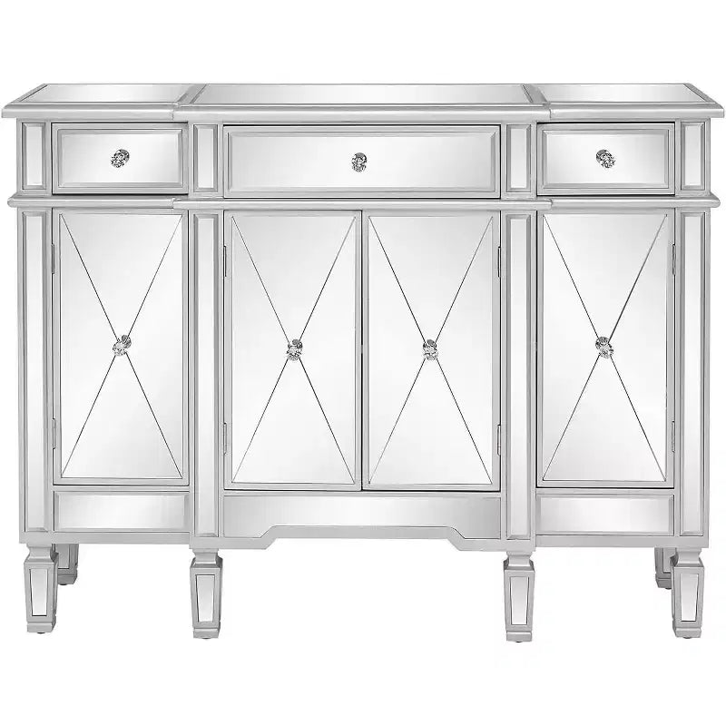 Consolle VINGLI a specchio, mobile buffet moderno/credenza/porta TV con 3 cassetti e 4 ante (argento, 122 L x 35,5 W x 91,5 H cm)