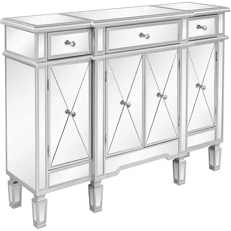 Consolle VINGLI a specchio, mobile buffet moderno/credenza/porta TV con 3 cassetti e 4 ante (argento, 122 L x 35,5 W x 91,5 H cm)