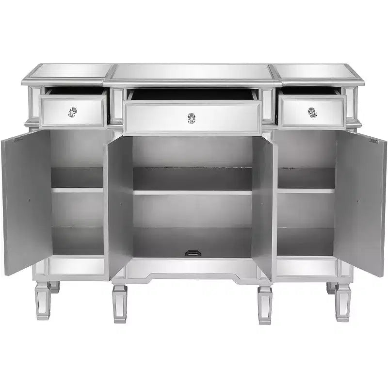 Consolle VINGLI a specchio, mobile buffet moderno/credenza/porta TV con 3 cassetti e 4 ante (argento, 122 L x 35,5 W x 91,5 H cm)