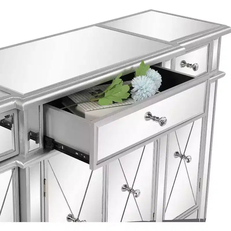 Consolle VINGLI a specchio, mobile buffet moderno/credenza/porta TV con 3 cassetti e 4 ante (argento, 122 L x 35,5 W x 91,5 H cm)