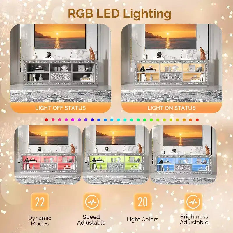 VINGLI Mobile TV Specchiato con Diamanti Scintillanti e Luci LED per TV Fino a 65 Pollici, Mobile Porta TV Moderno Assemblato