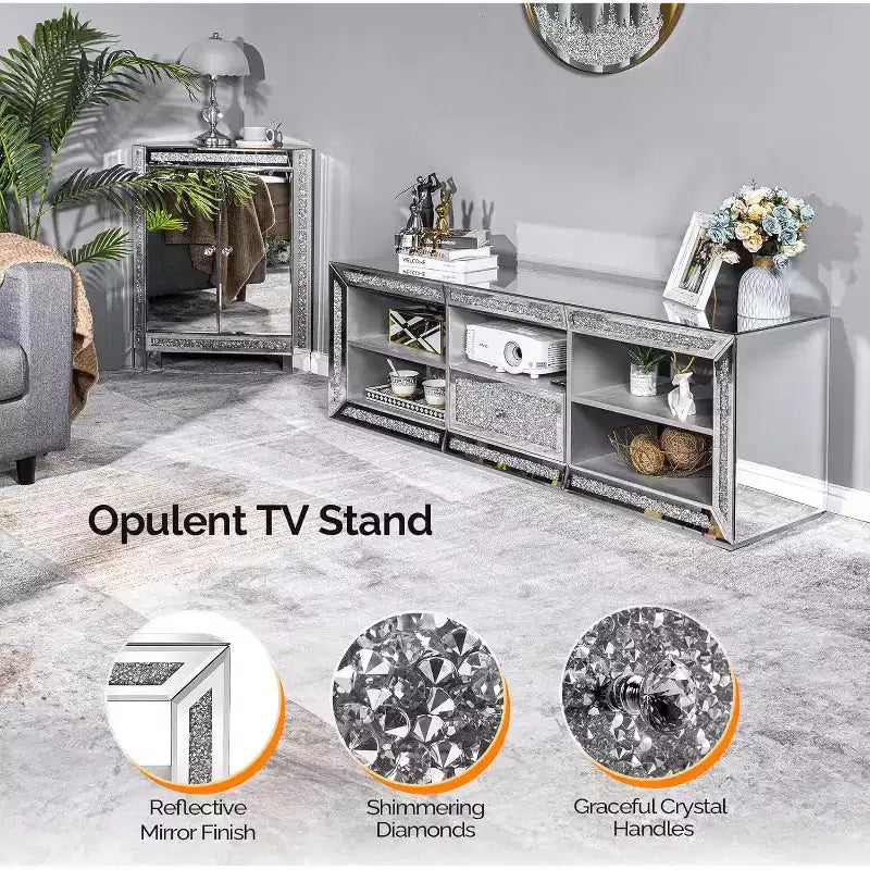 VINGLI Mobile TV Specchiato con Diamanti Scintillanti e Luci LED per TV Fino a 65 Pollici, Mobile Porta TV Moderno Assemblato