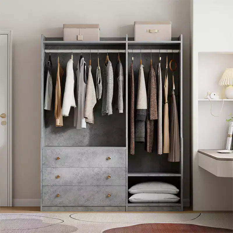 Armadio aperto in truciolato per camera da letto, stile legno, mobile contenitore multi-zona
