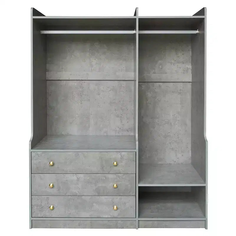Armadio aperto in truciolato per camera da letto, stile legno, mobile contenitore multi-zona