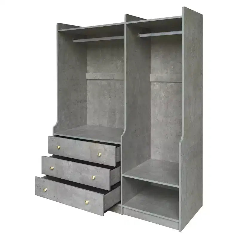 Armadio aperto in truciolato per camera da letto, stile legno, mobile contenitore multi-zona