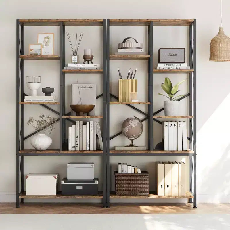 Scaffali rustici da fattoria, libreria aperta regolabile, librerie industriali in legno e metallo nero, libreria per ufficio, soggiorno, camera da letto