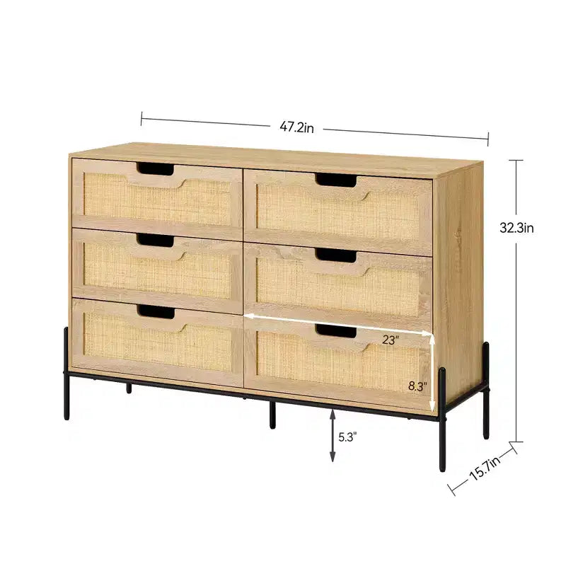 Comò ampio e grande a 6 cassetti, robusta cassettiera in stile rustico con gambe in metallo per armadio, soggiorno, camera da letto,
