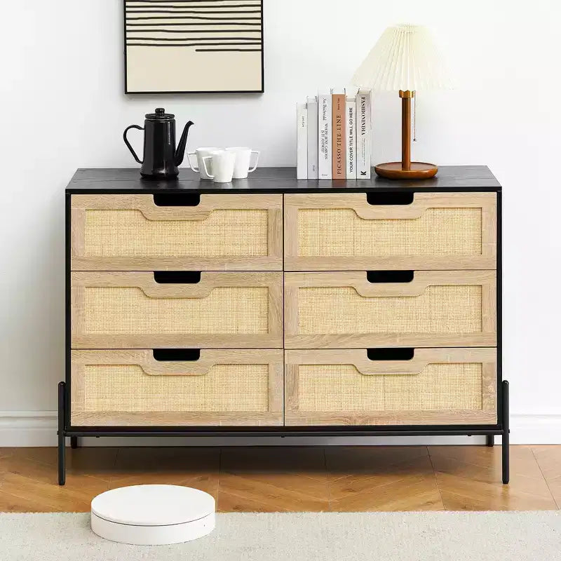 Comò ampio e grande a 6 cassetti, robusta cassettiera in stile rustico con gambe in metallo per armadio, soggiorno, camera da letto,